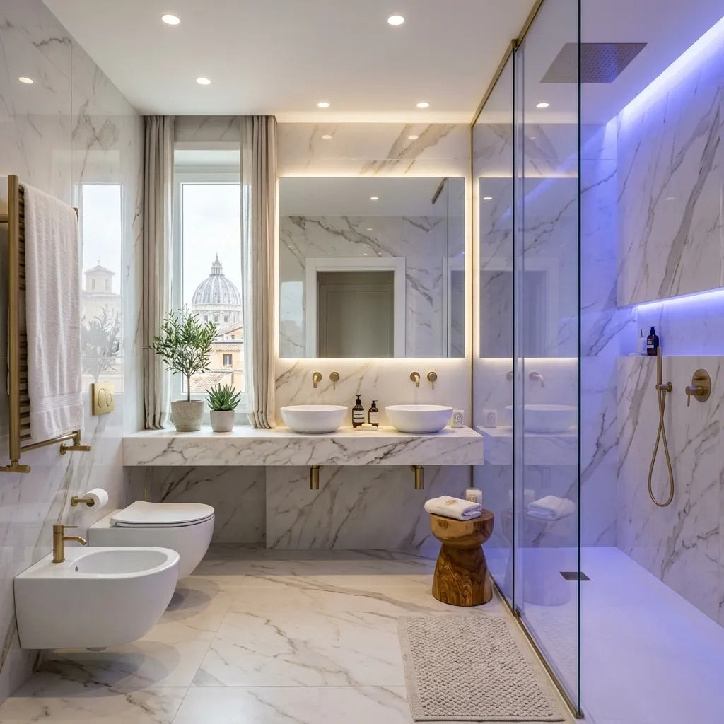 Rifacimento bagno di lusso a Roma con grande box doccia in cristallo