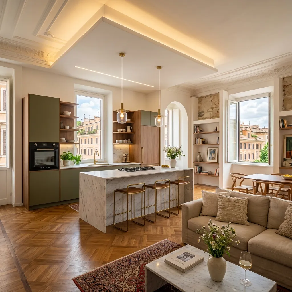 Ristrutturazione zona giorno open space con cucina moderna Roma