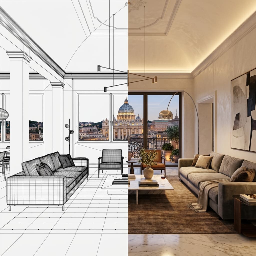 Progetto di Interior Design e Rendering 3D fotorealistico per Ristrutturazione Appartamento a Roma