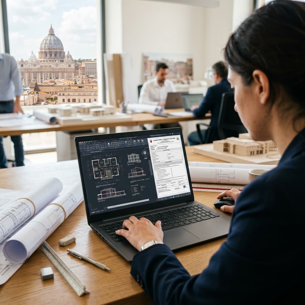 Un architetto o geometra al computer che compila documenti tecnici per il Comune di Roma, con sullo sfondo elementi architettonici romani o faldoni.
