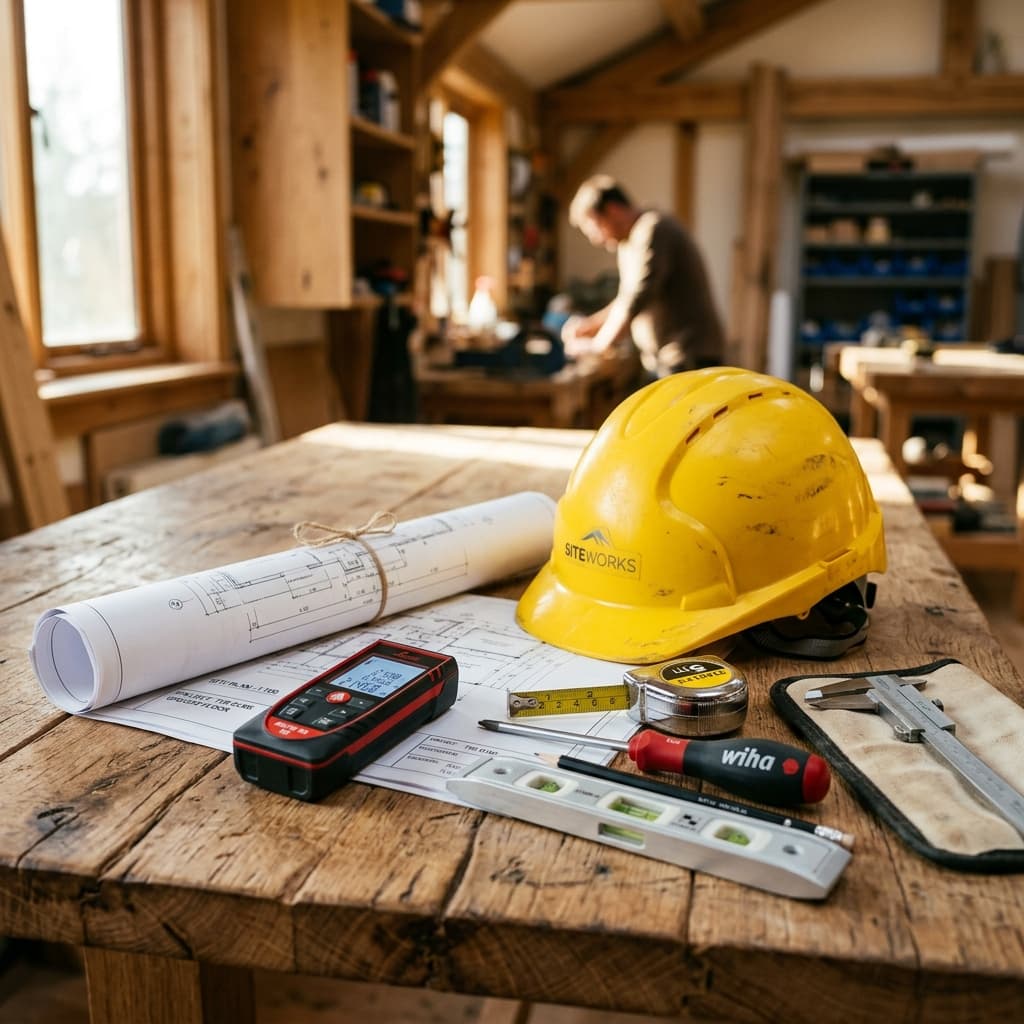 Un dettaglio artistico di strumenti da lavoro di alta qualità (metro laser, casco protettivo, martello di precisione) appoggiati su un tavolo di legno grezzo con un progetto tecnico.