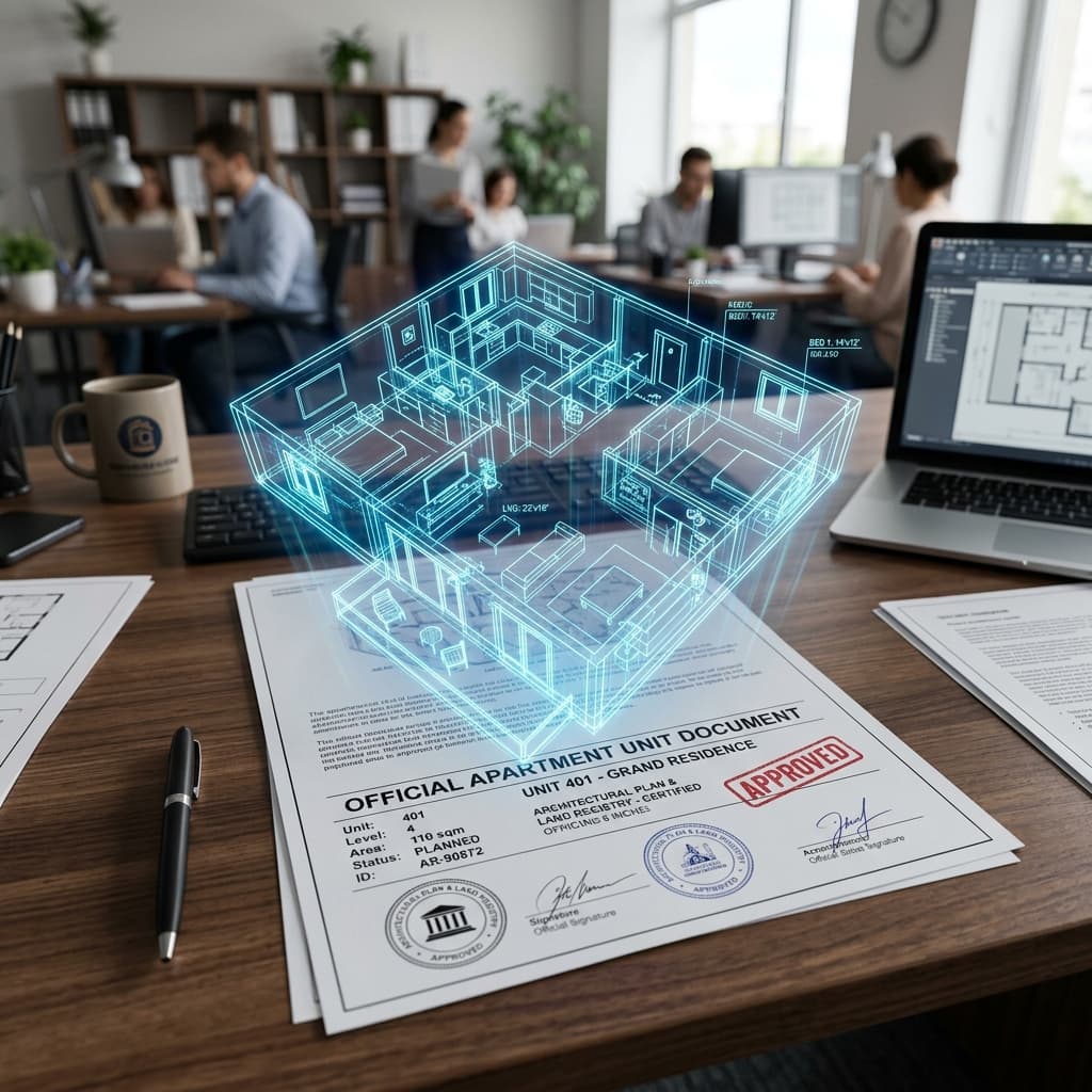 Un rendering concettuale che unisce una planimetria 3D di un appartamento emergente da un documento ufficiale, simbolo di accatastamento e progettazione.