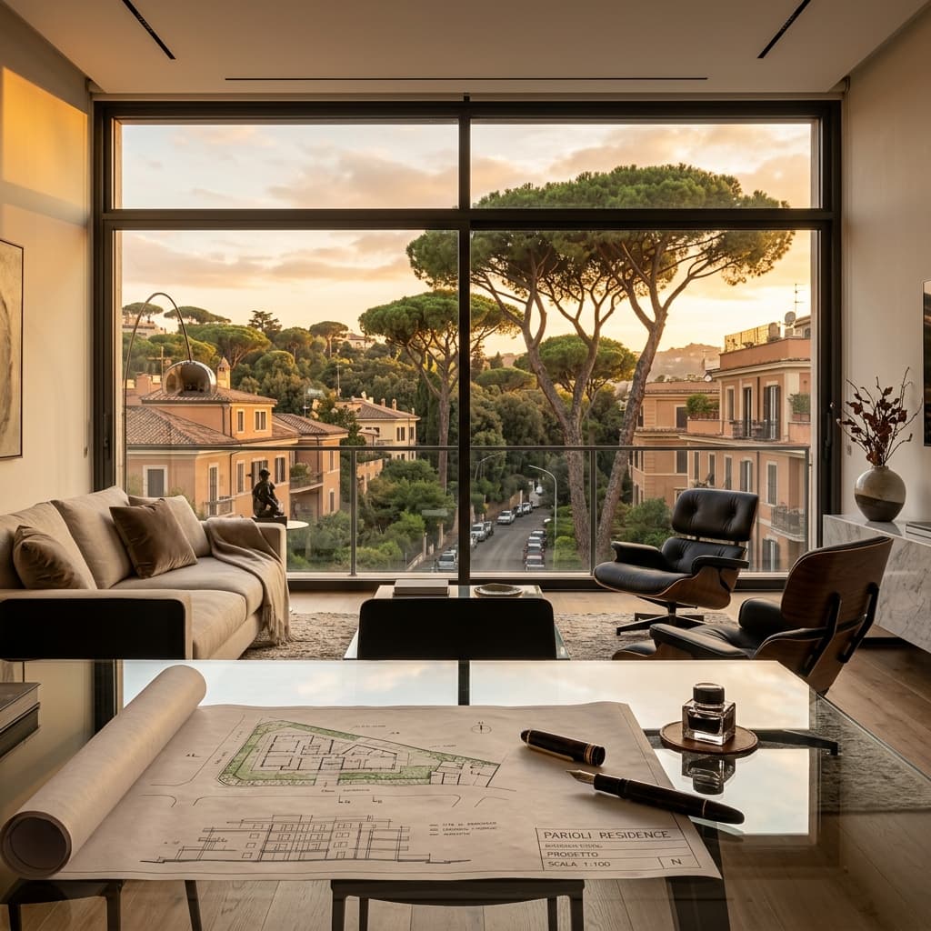 Vista lussuosa di una terrazza o finestra di un appartamento alto borghese nel quartiere Parioli, con pini marittimi visibili, e documenti di autorizzazione paesaggistica in primo piano.