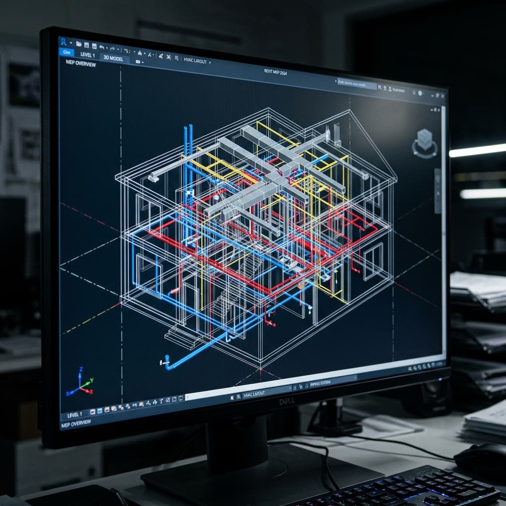 Un moderno schermo di computer che mostra un complesso schema 3D CAD di impianti civili (HVAC, tubature blu/rosse, cavi) per una grande villa.