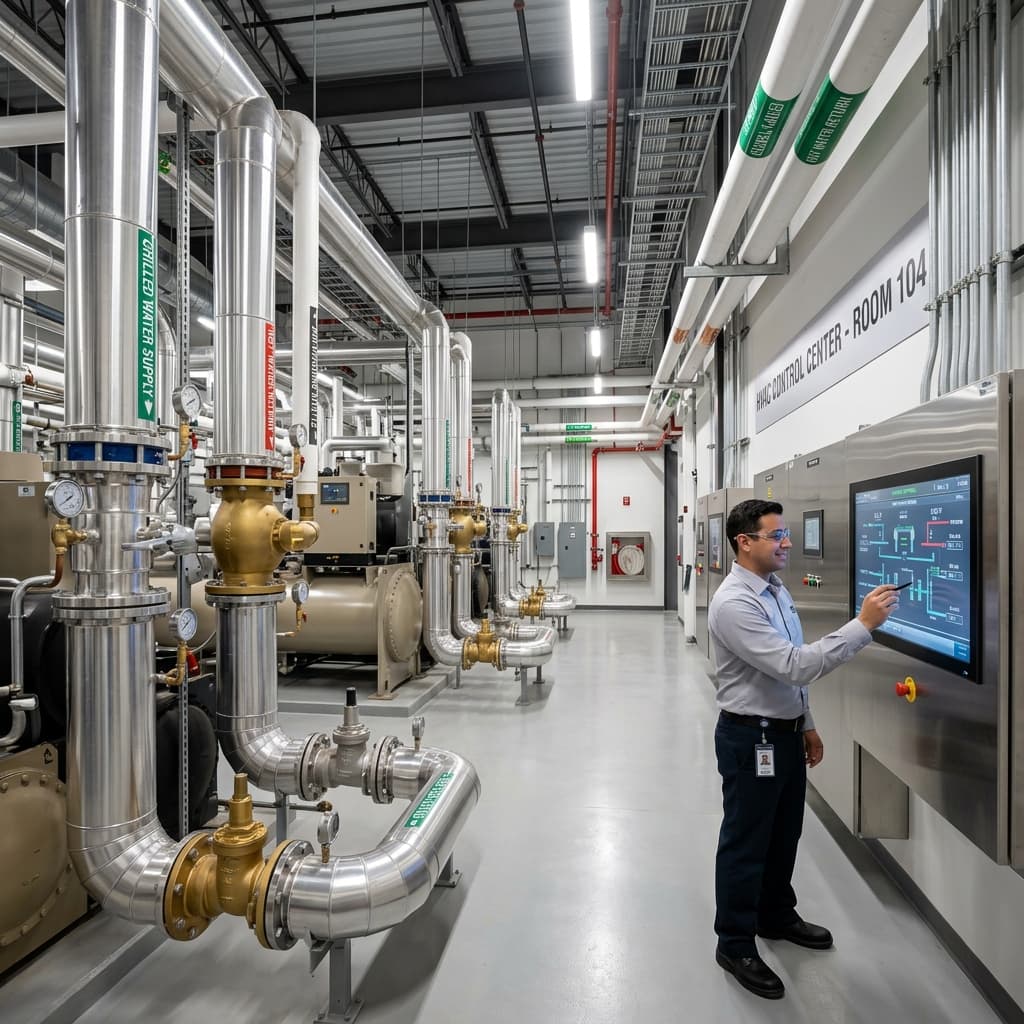 Un'imponente e modernissima sala macchine / locale tecnico di una grande struttura (hotel o ospedale), con enormi tubazioni industriali e pannelli di controllo immacolati.
