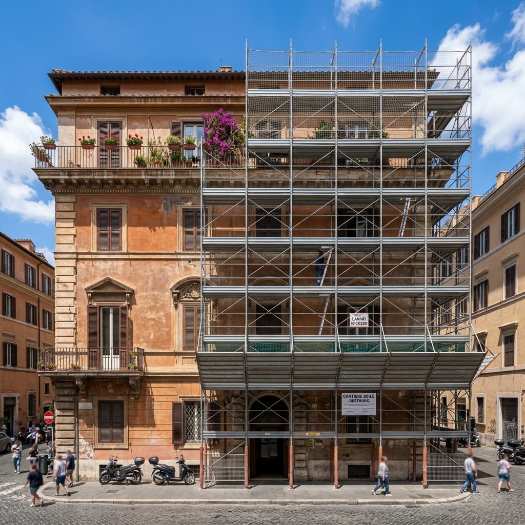Un elegante palazzo storico di Roma (colori caldi, ocra e terracotta) parzialmente coperto da ponteggi moderni e sicuri per il rifacimento della facciata.