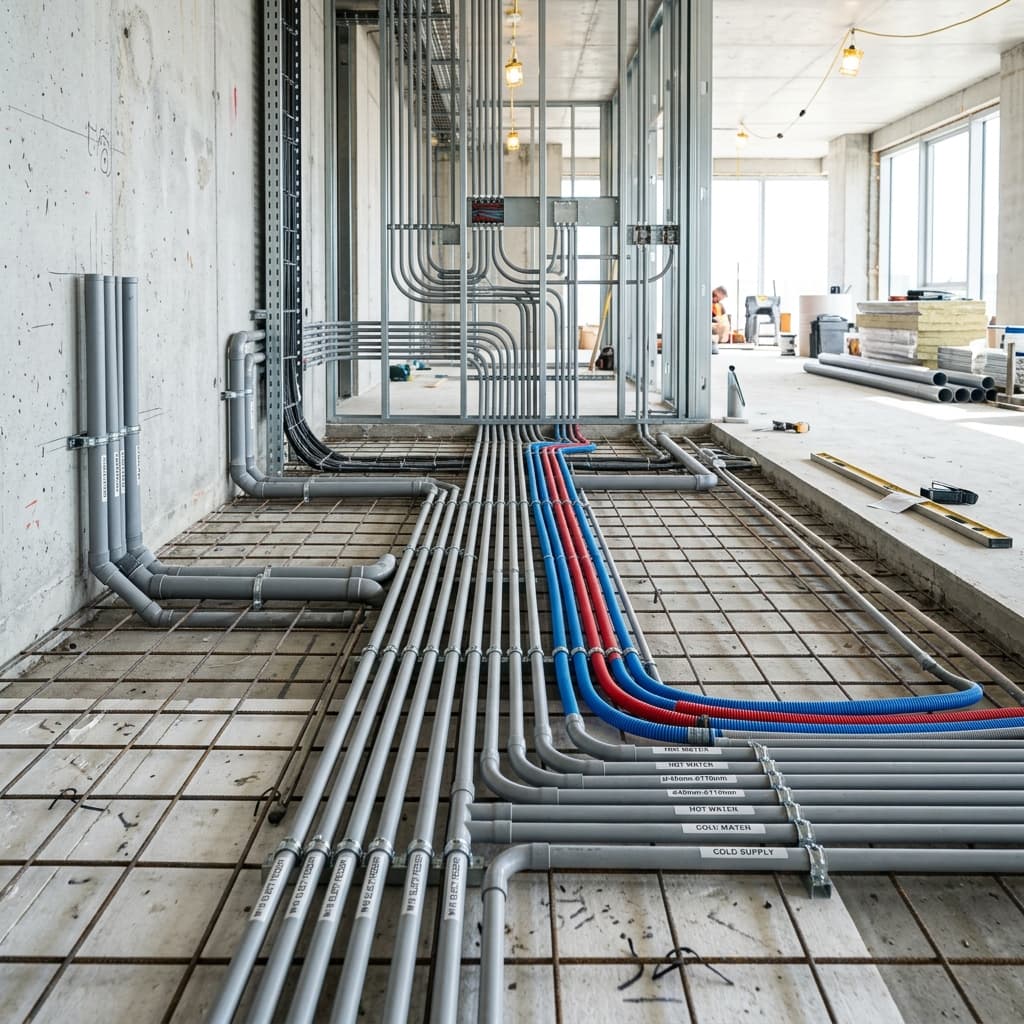 Dettaglio ravvicinato di un cantiere edile moderno con tubazioni idrauliche di ultima generazione e corrugati elettrici posati a regola d'arte prima della chiusura del massetto.