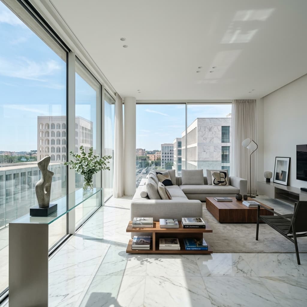 Un attico modernissimo all'EUR, con enormi vetrate, arredi di design italiano contemporaneo e vista panoramica sull'architettura razionalista del quartiere.