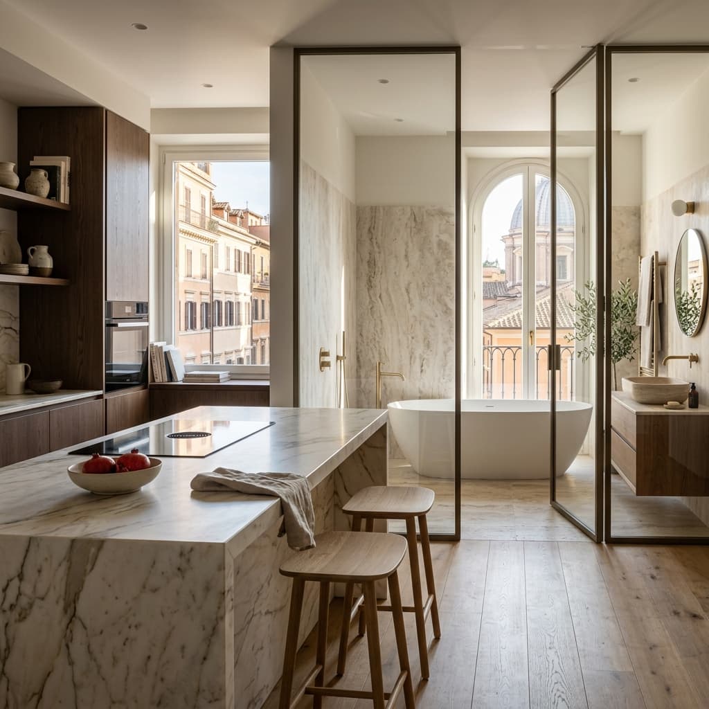 Interno fotorealistico di un appartamento a Roma che mostra un ambiente open space con cucina di design e un bagno moderno visibile sullo sfondo, materiali premium come marmo e legno.