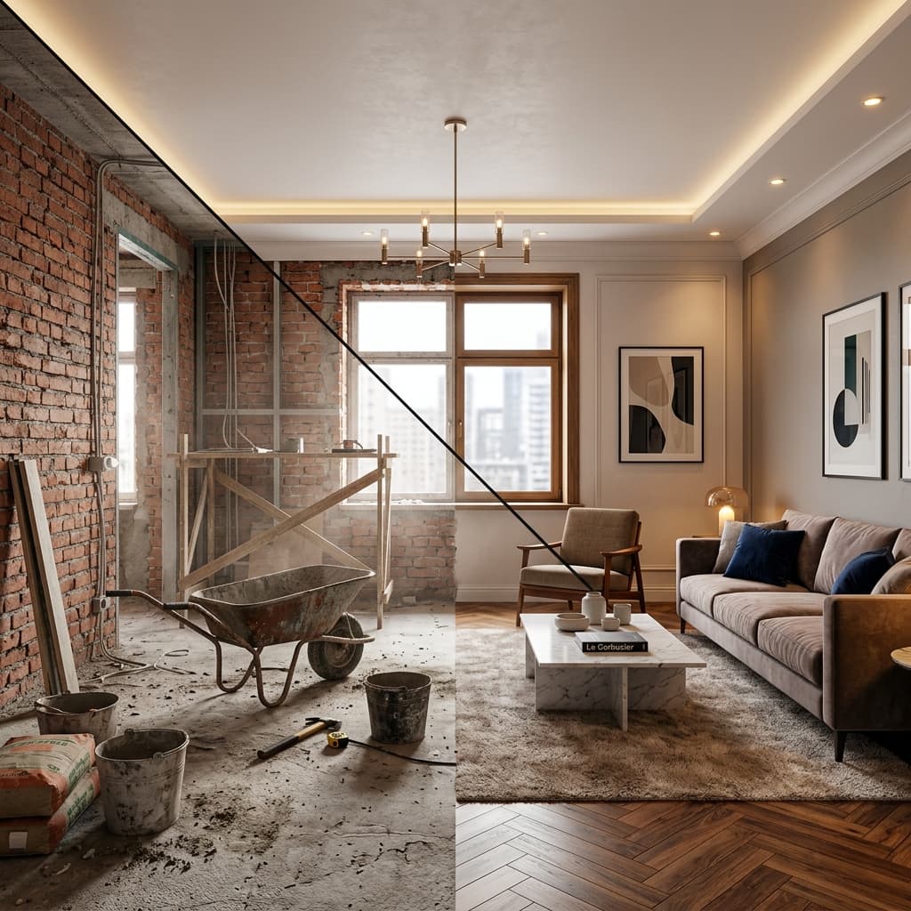 Un'immagine "split" creativa o concettuale che mostra mezza stanza in fase di cantiere grezzo e l'altra mezza perfettamente finita e arredata lussuosamente.
