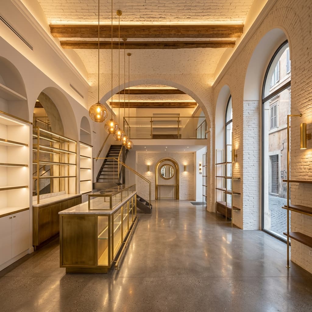 Interno di un moderno ed elegante locale commerciale a Roma (boutique o caffè di design), con materiali industriali e finiture di lusso appena ultimato.