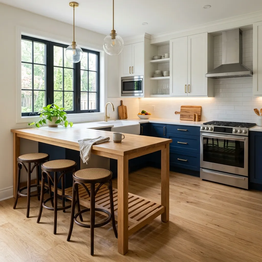 Ristrutturazione cucina blu navy con penisola in legno