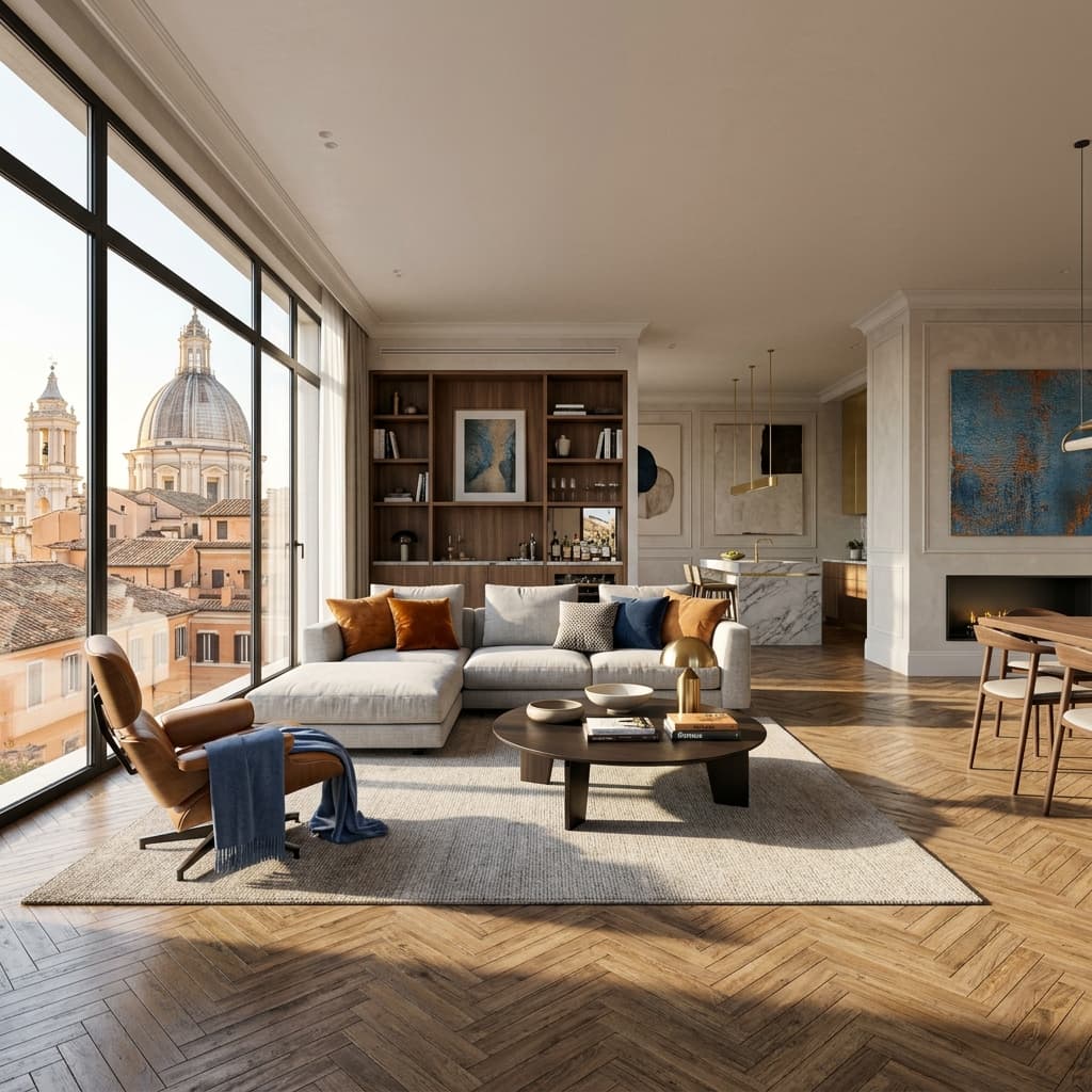 Rendering 3D Fotorealistico di un salotto di lusso a Roma