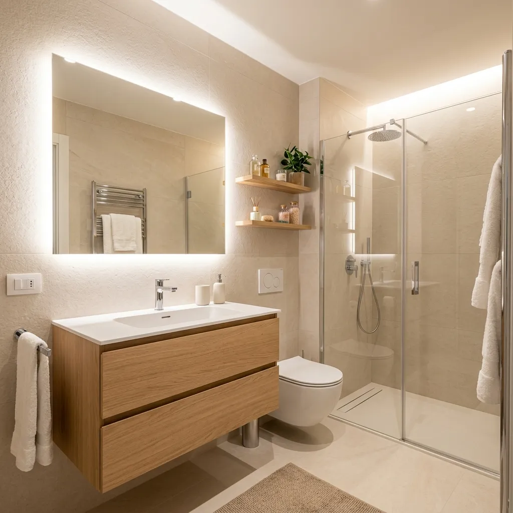 Ristrutturazione bagno cieco moderno con grandi specchi Roma