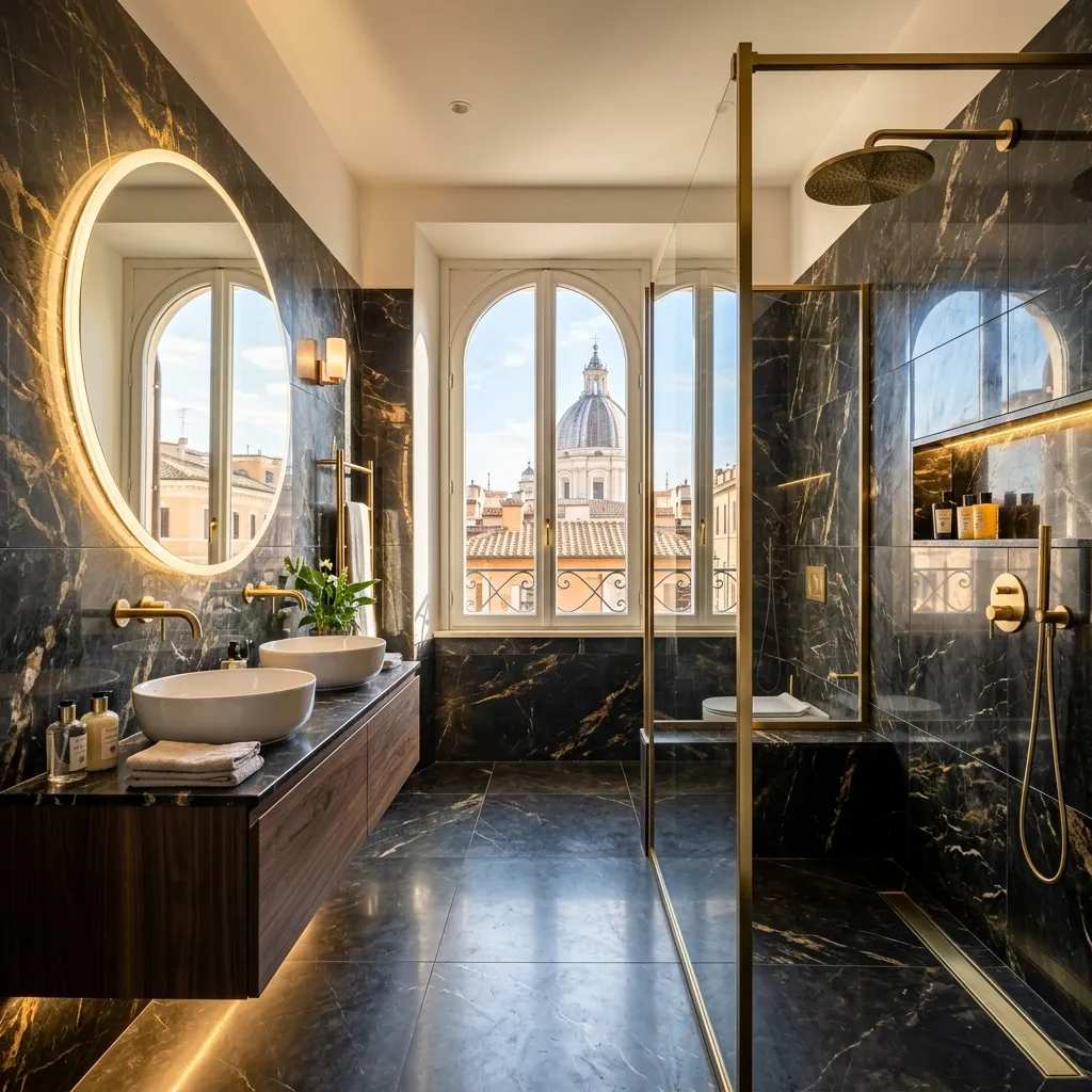 Ristrutturazione bagno in marmo scuro con venature dorate Roma