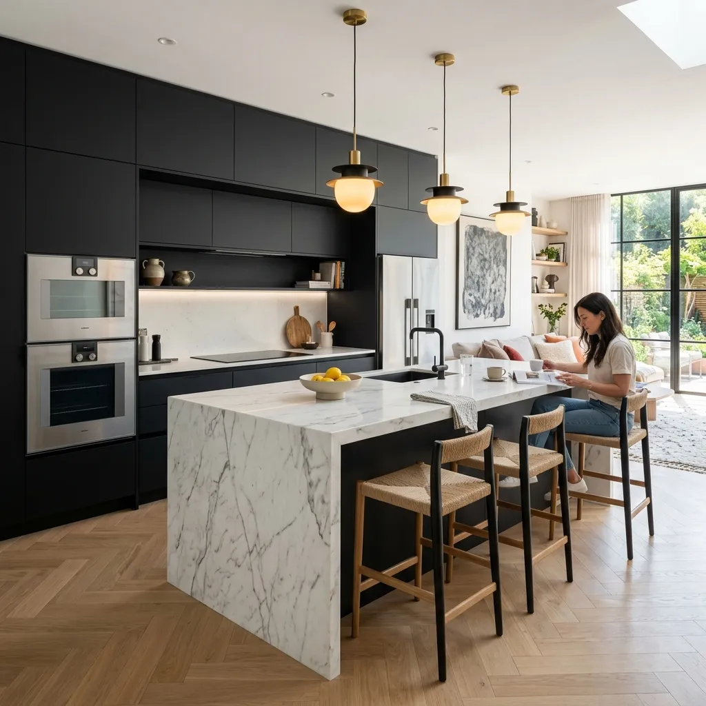 Ristrutturazione cucina moderna con isola a cascata in marmo Roma