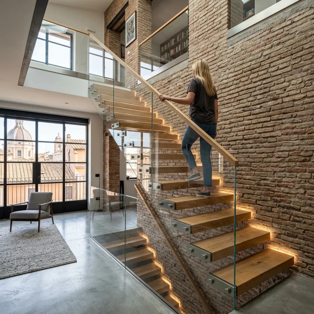 Realizzazione scala interna di design con gradini sospesi per loft Roma